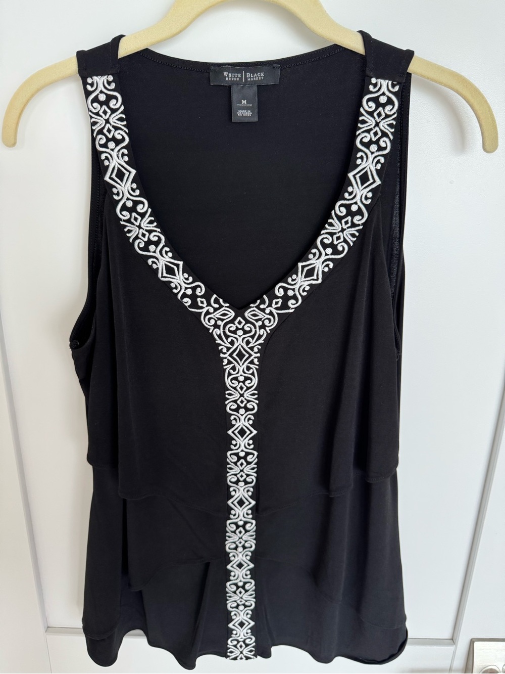 White House Black Market Black Tank Top with White Embroidered Trim